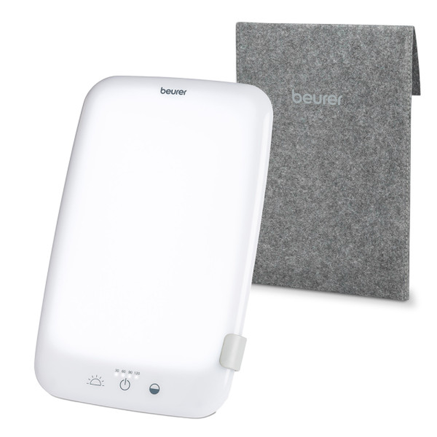 A white Beurer light therapy lamp and a gray felt case. The lamp has control buttons and a light surface. The case is gray.