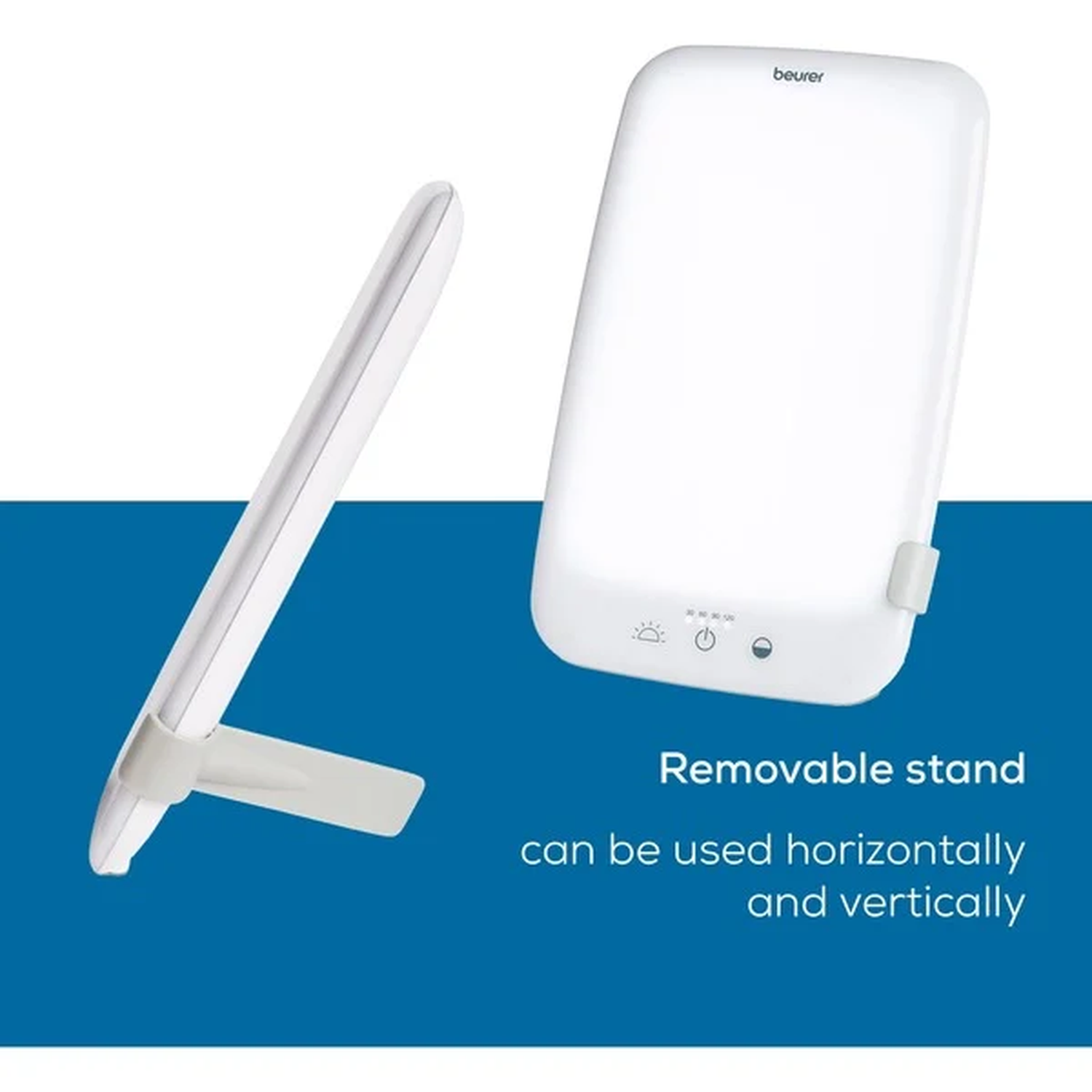 White light therapy lamp with a removable stand, on a blue background. The lamp has a button panel and can be used horizontally or vertically.