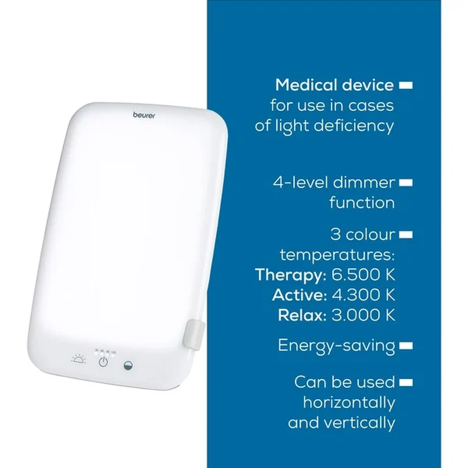 White Beurer light therapy lamp. Features include 4-level dimmer, 3 color temps, energy-saving, can be used horizontally or vertically.