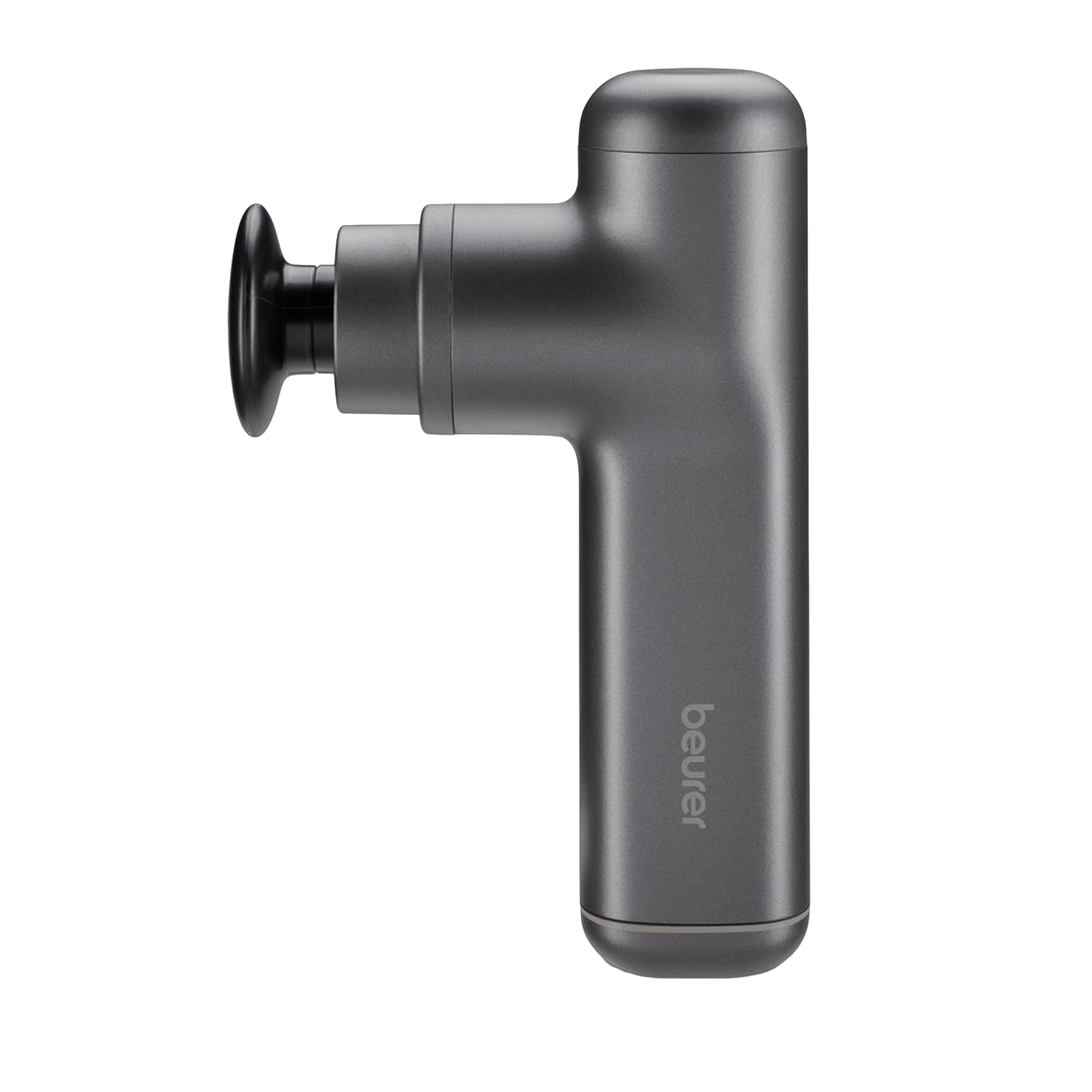 Un pistolet de massage Beurer gris sur fond blanc. Il a une forme en T, avec une tête de massage, un corps et une poignée.