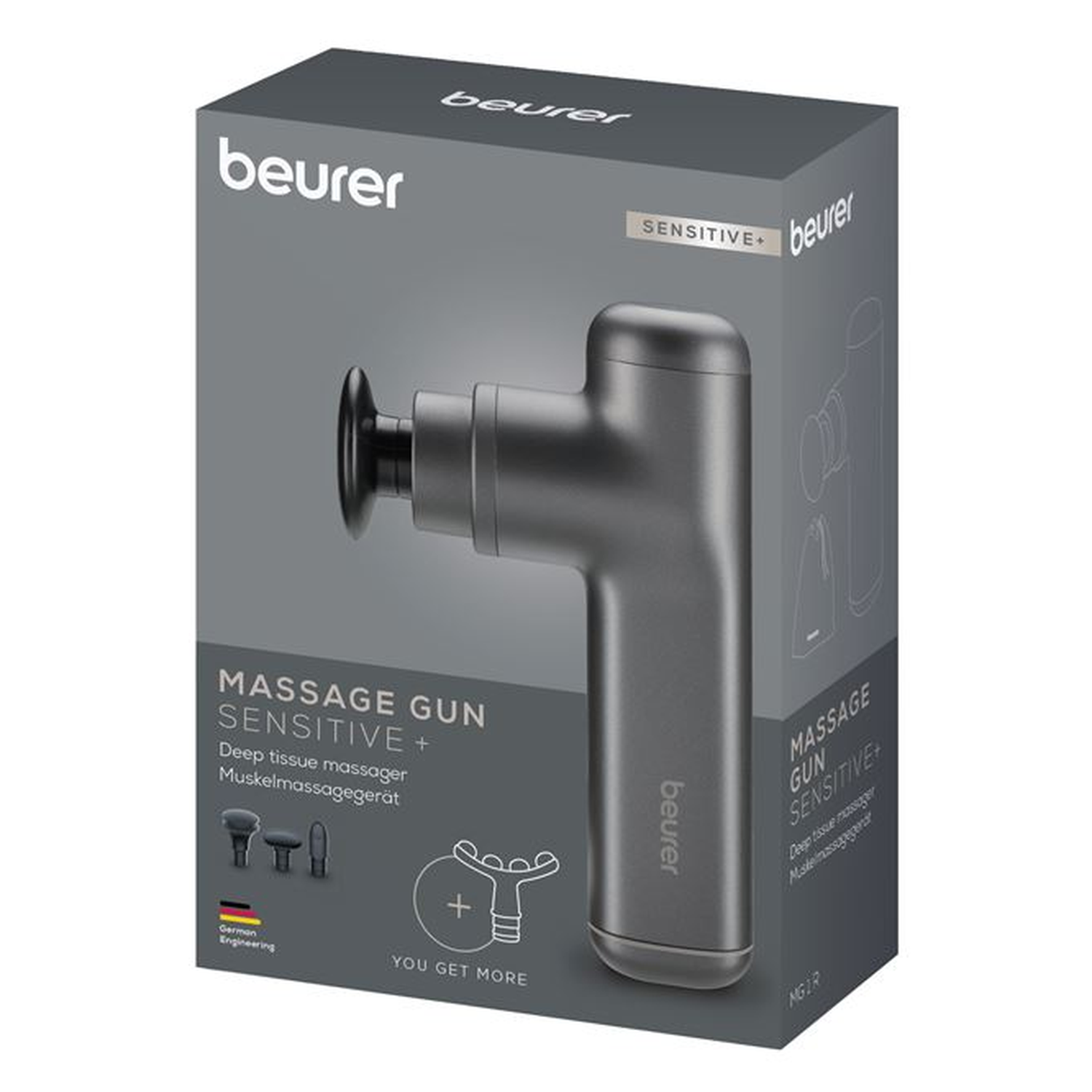 Une boîte de pistolet de massage Beurer avec un pistolet gris. Le texte dit 'Massage Gun Sensitive +'. Accessoires et drapeau allemand.
