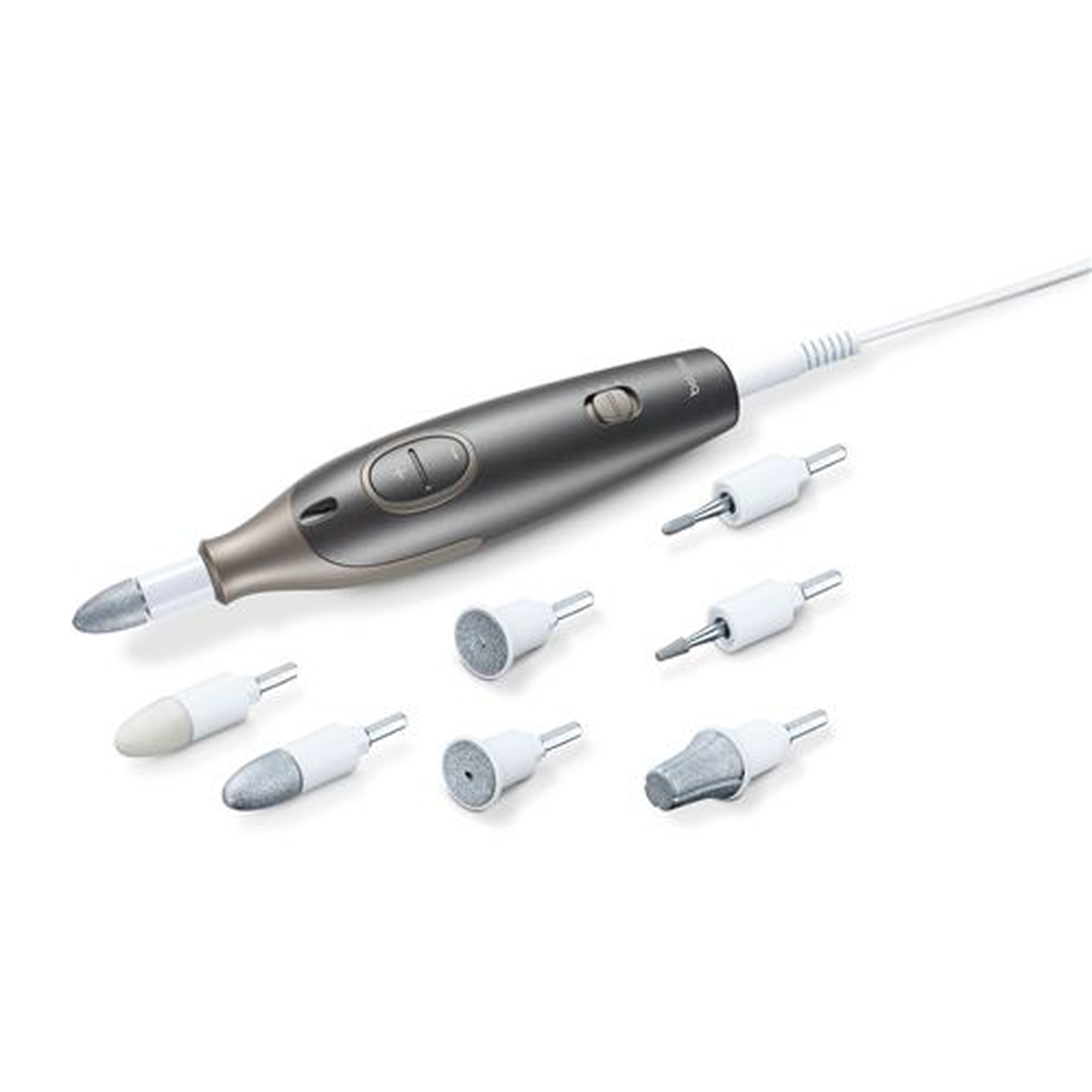 A nail care kit with a gray and silver electric file and various white and gray attachments.