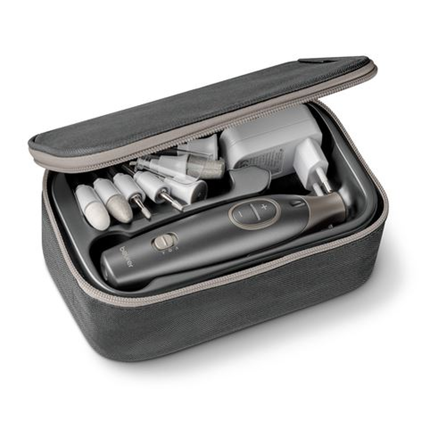 Open gray case with nail care kit. Includes a nail file, charger, and a gray and silver nail care device.