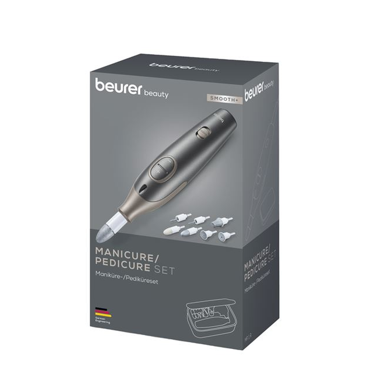 A dark grey box with a manicure/pedicure set. It shows the device and several attachments. The brand name is 'beurer beauty'.
