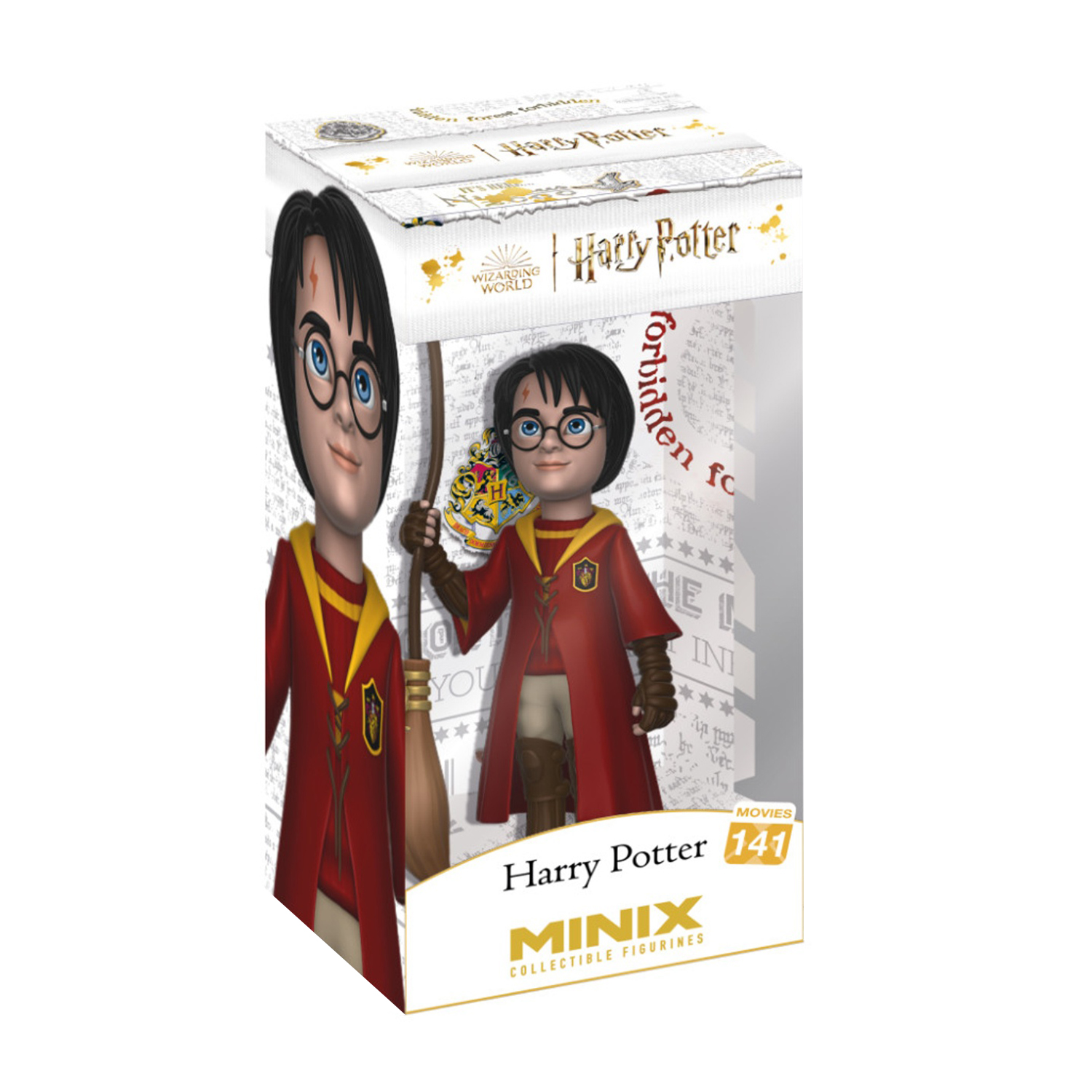 Una statuetta di Harry Potter Minix in una scatola. La statuetta indossa una veste rossa e gialla, con una scopa. La scatola è etichettata Harry Potter.