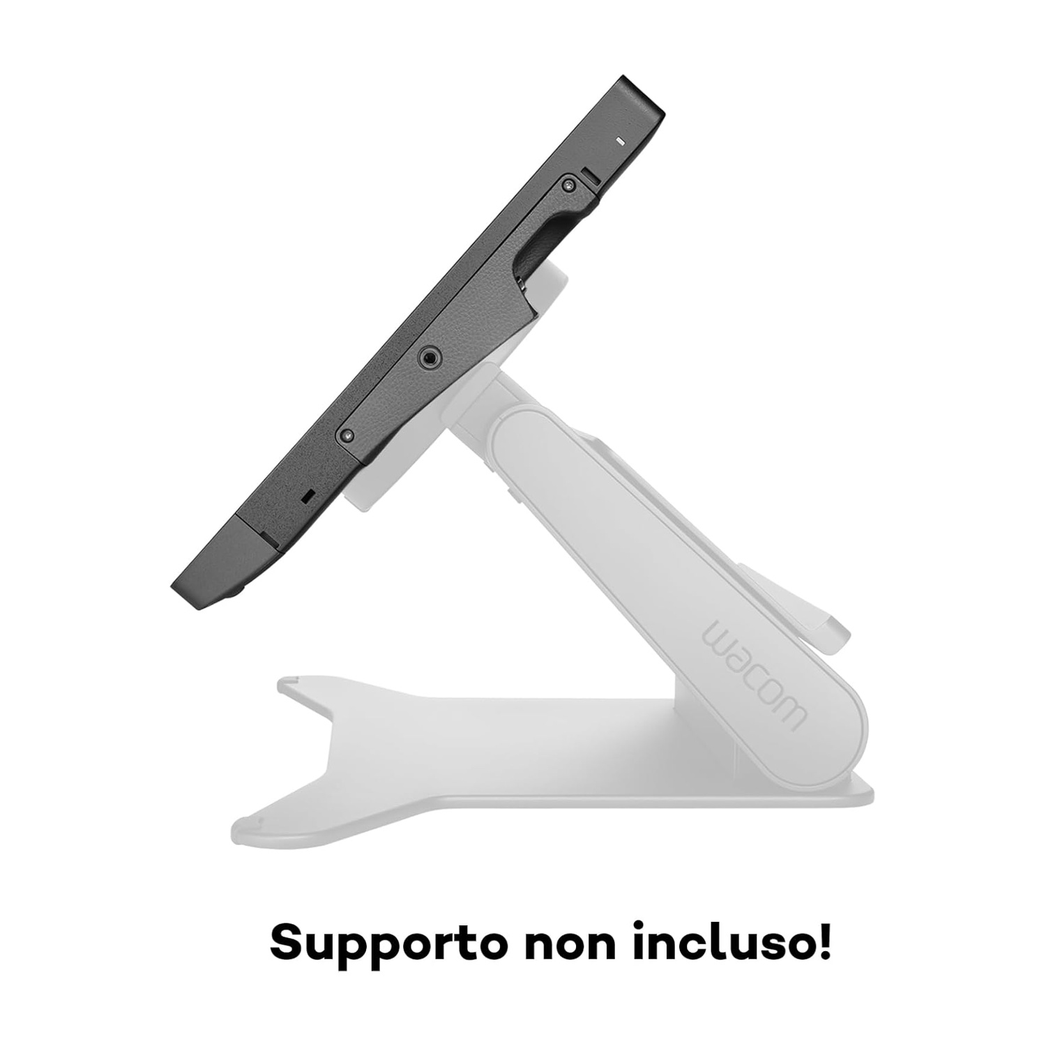 Un tablet nero è su un supporto bianco. Il supporto è marchiato con il logo Wacom. Il testo in basso dice: "Supporto non incluso!"