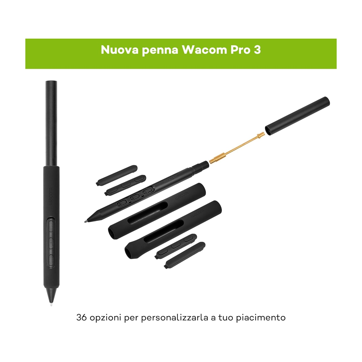 L'immagine mostra una penna Wacom Pro 3 con diverse parti e accessori. Un banner verde dice 'Nuova penna Wacom Pro 3'.