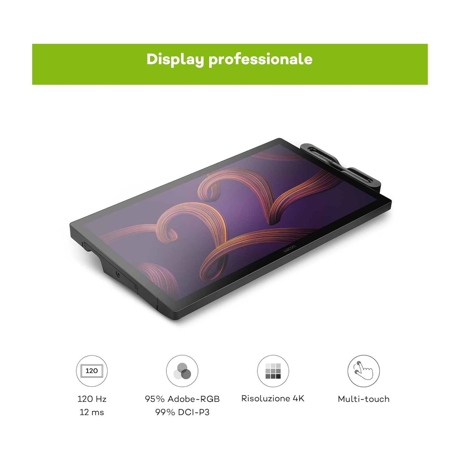 Un display professionale con cornice nera, che mostra linee astratte colorate. Include 120Hz, risoluzione 4K e multi-touch.