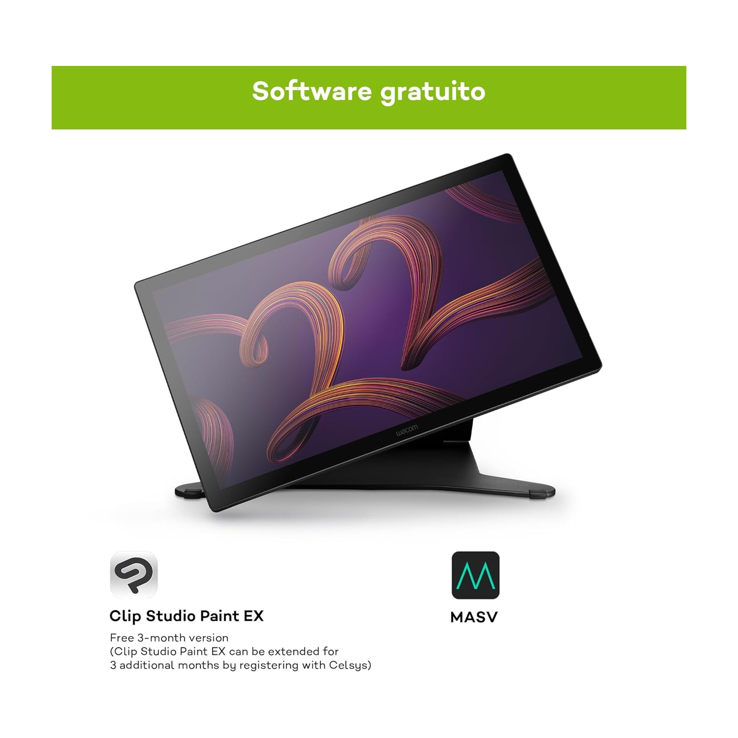 Un tablet Wacom mostra arte astratta colorata. Sotto, i loghi di Clip Studio Paint EX e MASV sono visibili.