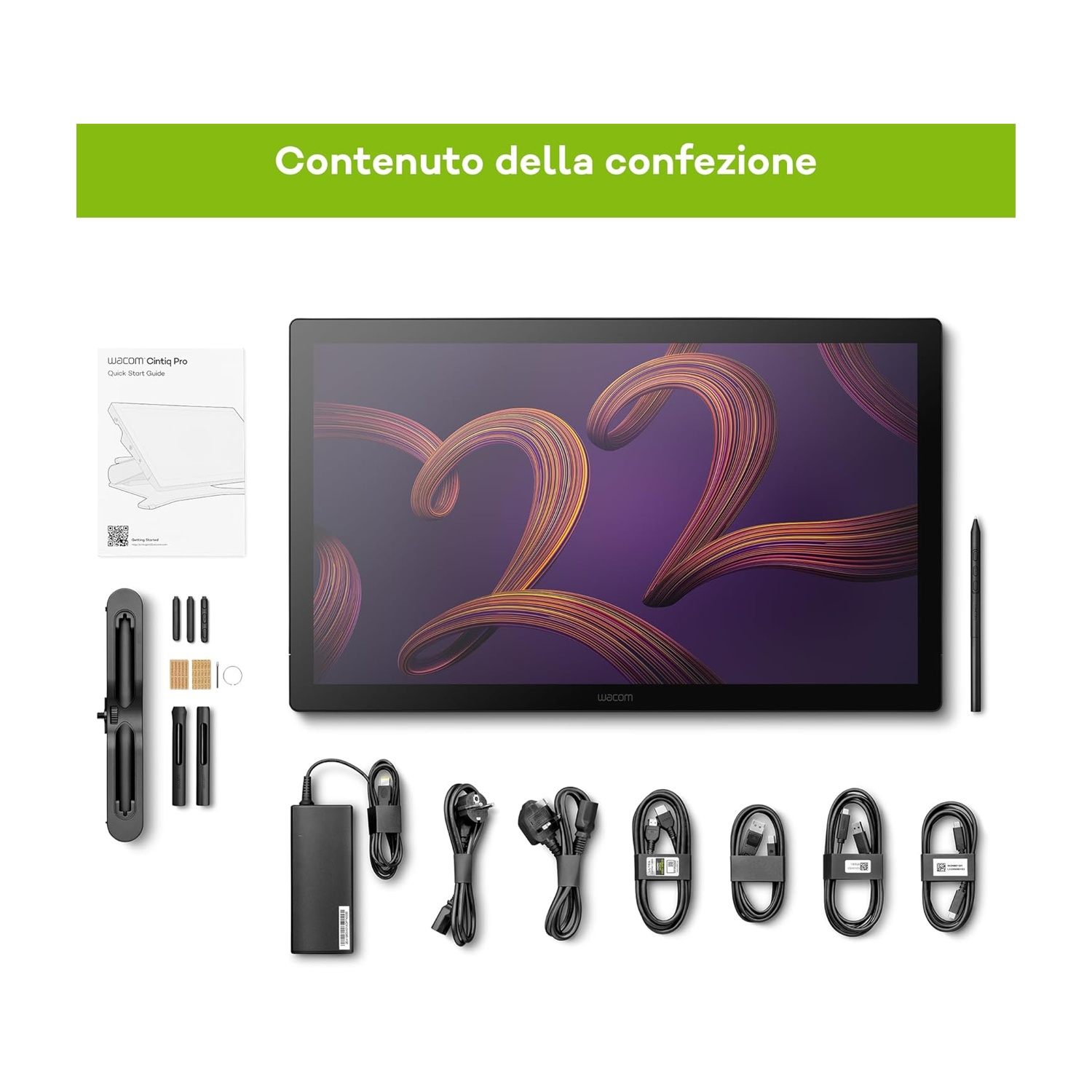 Contenuto Wacom Cintiq Pro: tablet, penna, cavi, adattatore, guida utente e accessori. Articoli su superficie bianca.