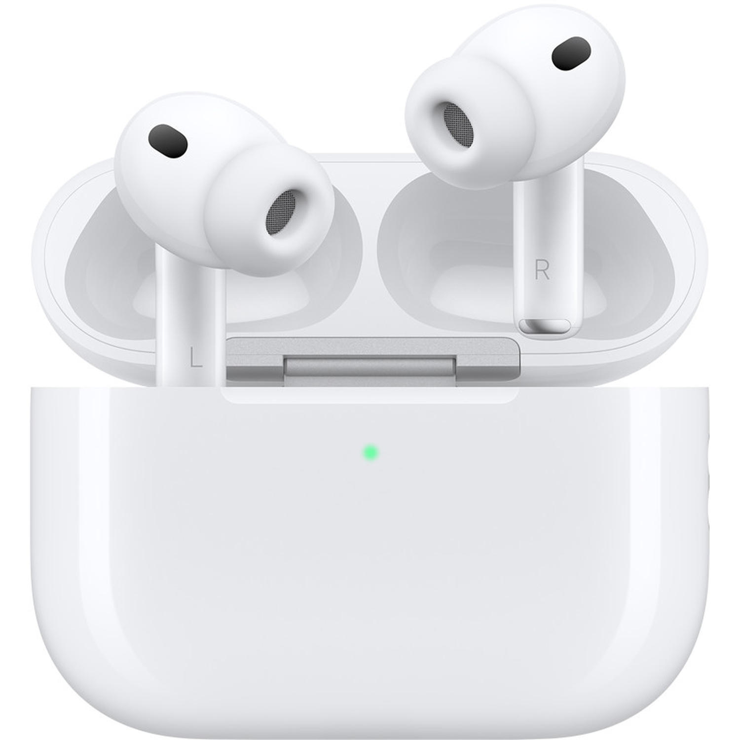 Witte AirPods Pro in een oplaadcase. De case heeft een groen licht. De AirPods zitten in hun oplaadsleuven, met L- en R-labels.