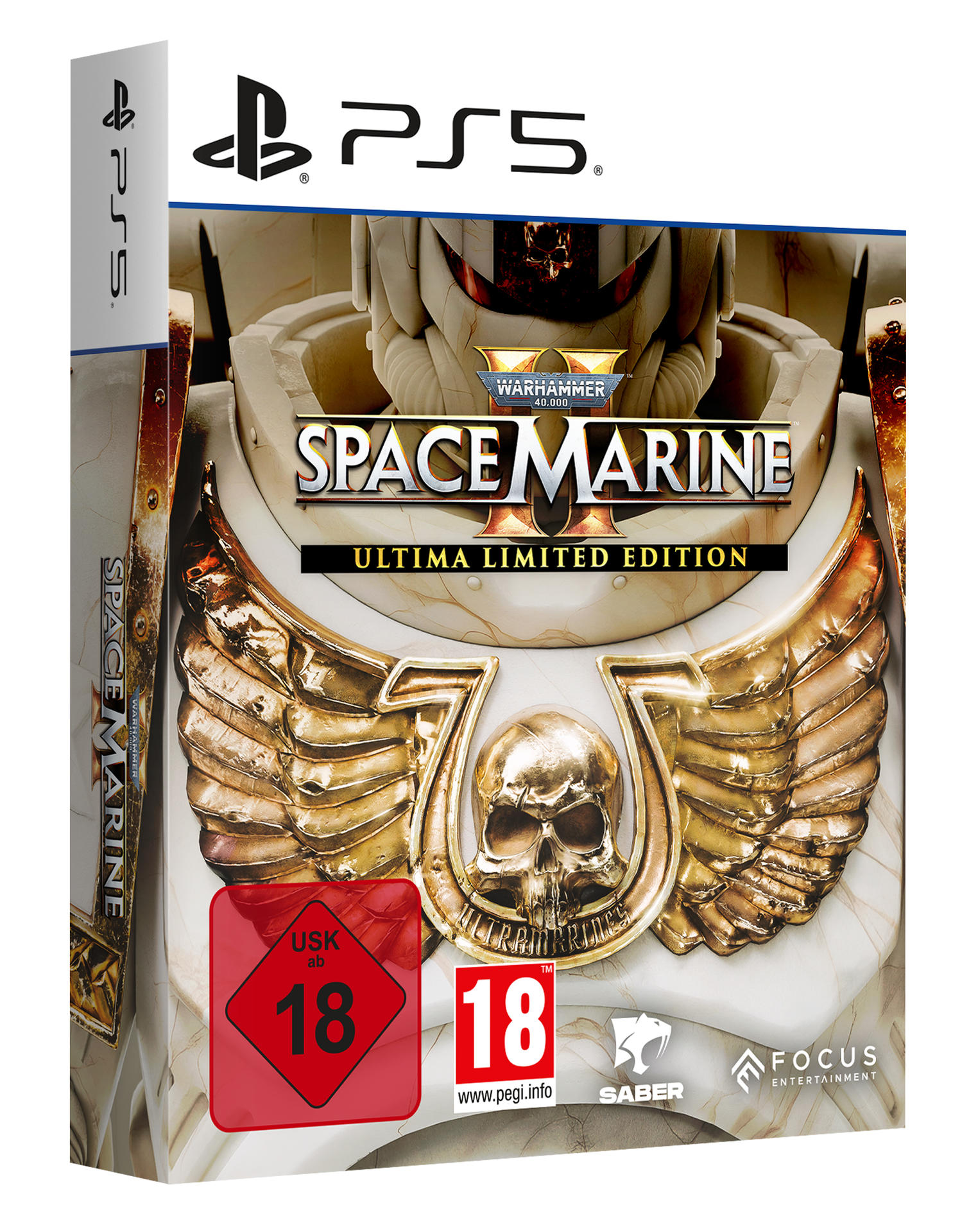 Warhammer 40.000: Space Marine II Ultima Limited Edition PS5-Spielbox. Enthält einen Space Marine und einen goldenen Totenkopf.