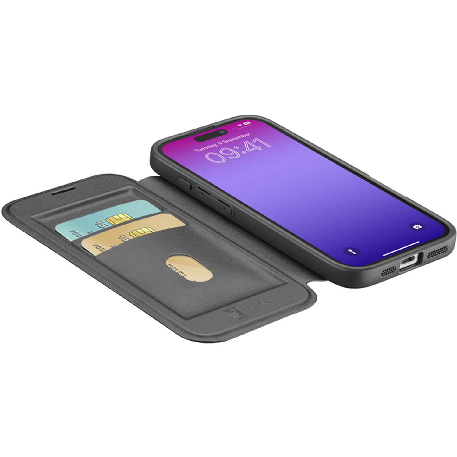 Un smartphone con funda negra está abierto, mostrando la pantalla. Se ve un tarjetero con tarjetas. El fondo es blanco.