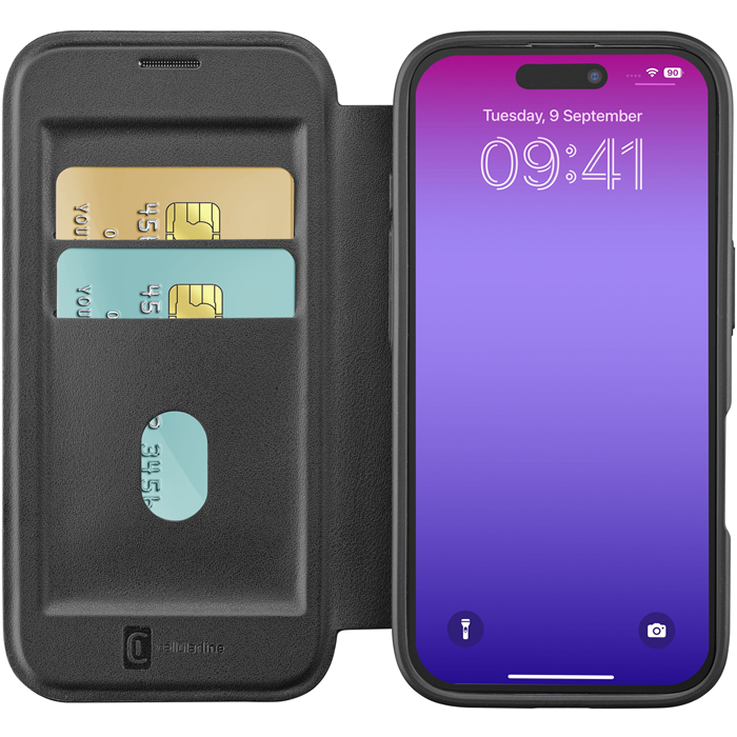 Funda negra con teléfono mostrando la hora. Dos tarjetas de crédito visibles. La funda está abierta, revelando el teléfono.