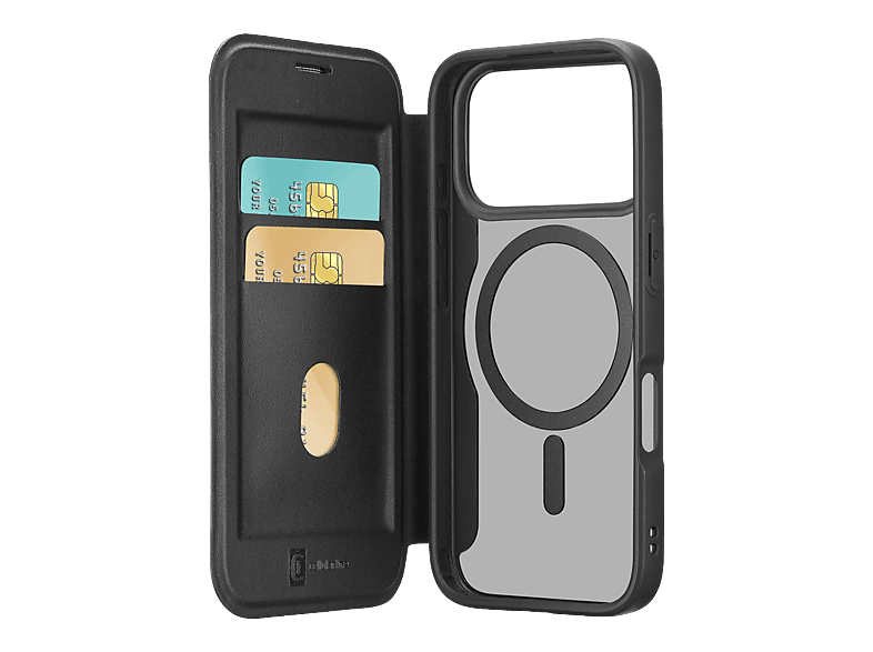 Funda móvil - Cellularline DAILY MAG, Para iPhone 17 Pro Max, Imitación piel y Cierre magnético, Compatible con Magsafe®, Con tapa tarjetero, Negro