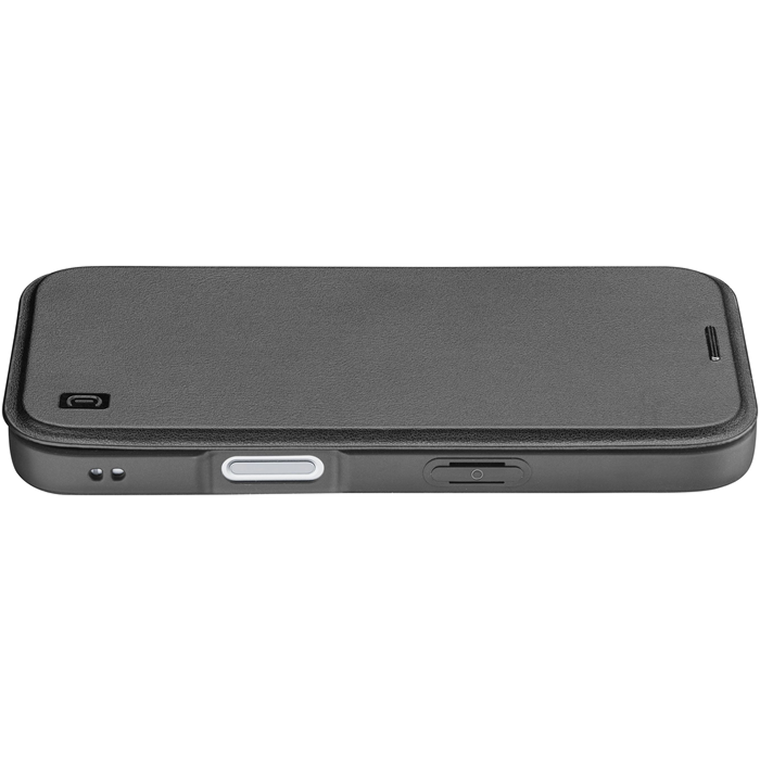 Una funda de teléfono negra cerrada. Tiene una superficie texturizada y forma rectangular. Hay recortes para botones y puertos.