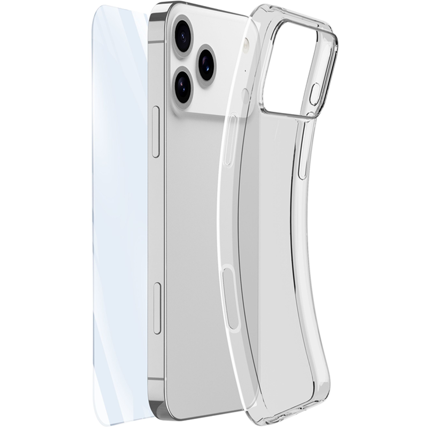 Un teléfono inteligente plateado con una funda protectora transparente y un protector de pantalla se muestran sobre un fondo blanco.