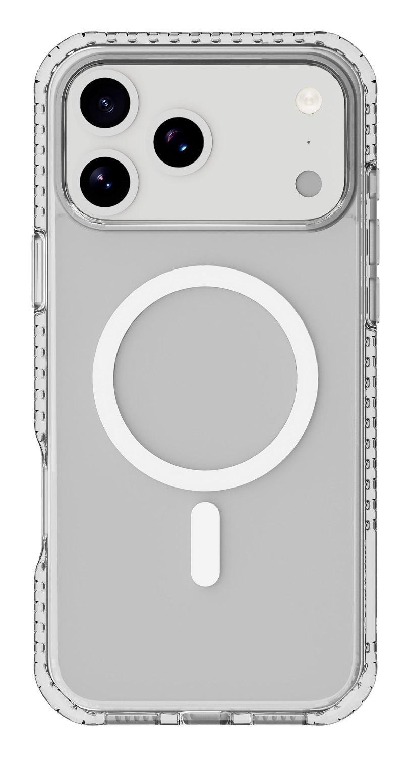 Funda transparente para teléfono con tres lentes de cámara, un flash y un círculo y rectángulo magnéticos blancos en la parte trasera.