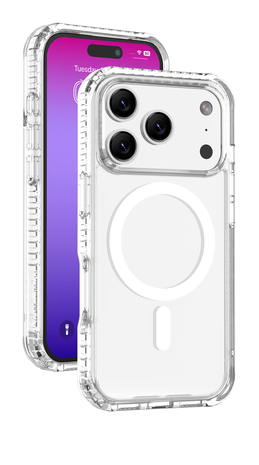 Una funda transparente para teléfono con un teléfono dentro, mostrando la pantalla. La funda tiene un círculo magsafe y recortes de cámara en la parte trasera.