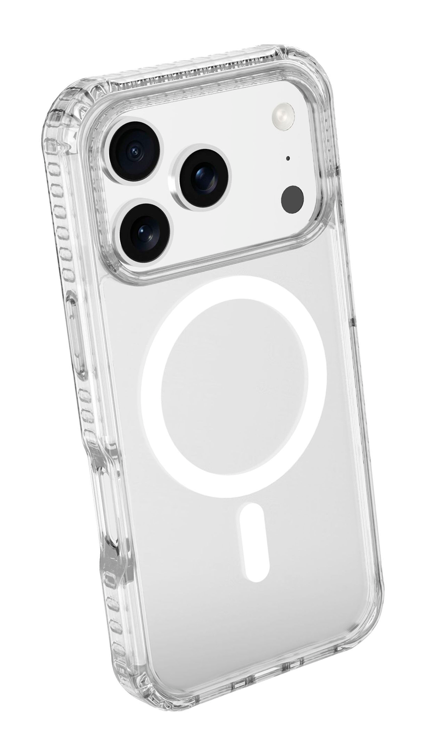 Una funda transparente para teléfono con una protuberancia para la cámara. La funda tiene tres recortes para la cámara y un círculo de carga magnética blanco. Plástico transparente.