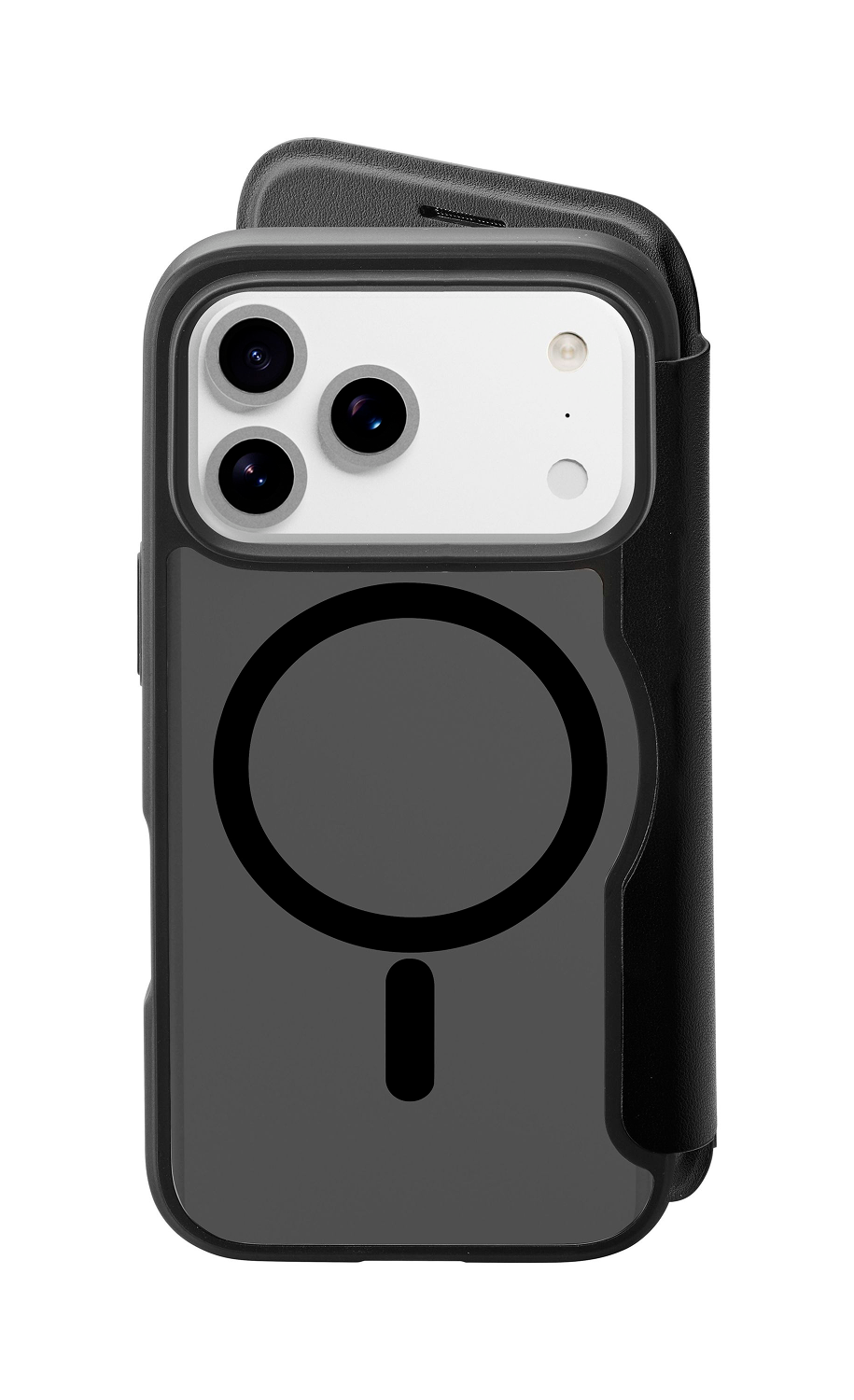 Un iPhone con una funda negra y una cartera de cuero adjunta. La funda tiene un recorte para la cámara y un diseño MagSafe.
