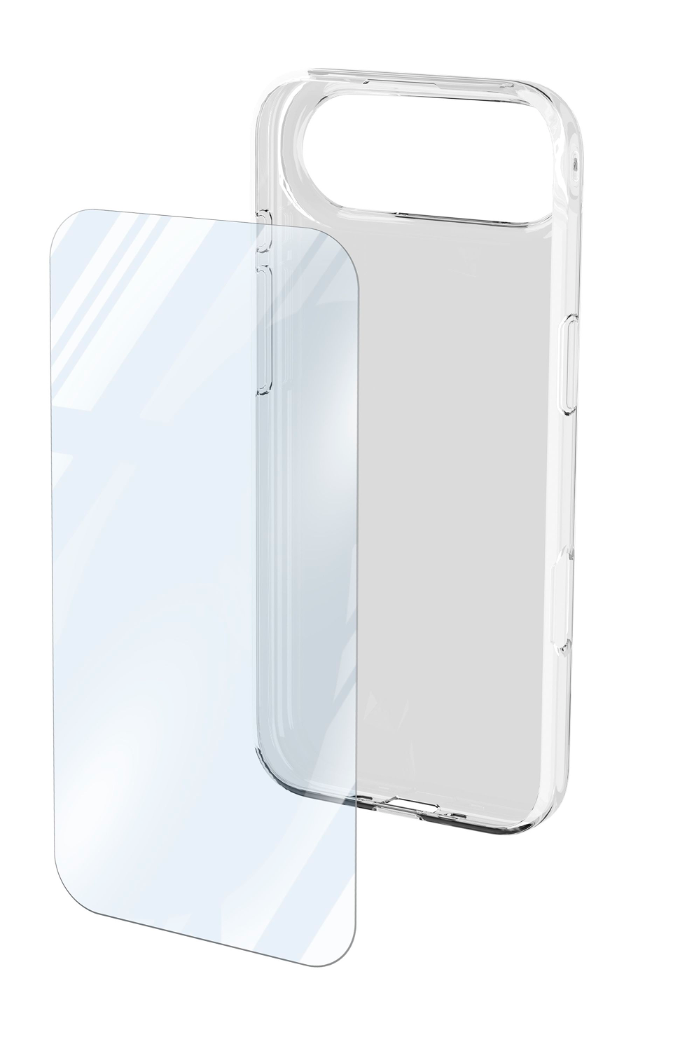 Funda transparente para teléfono y protector de pantalla. La funda está junto al protector, ambos transparentes y sobre fondo blanco.