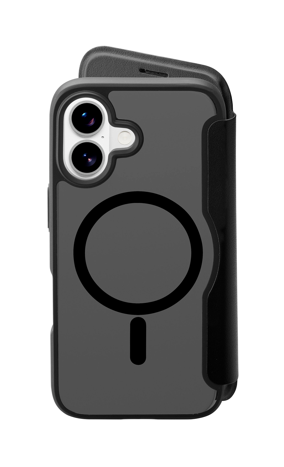 Una funda negra para teléfono con cartera integrada. La funda tiene una parte trasera gris oscuro con un círculo negro y un rectángulo vertical.