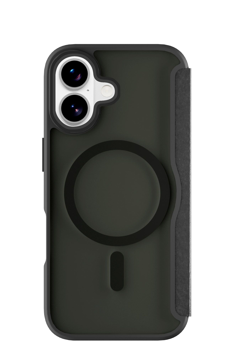 Funda de teléfono con recortes para cámara, un imán circular y una franja vertical. Es verde oscuro con bordes negros y un marco blanco.