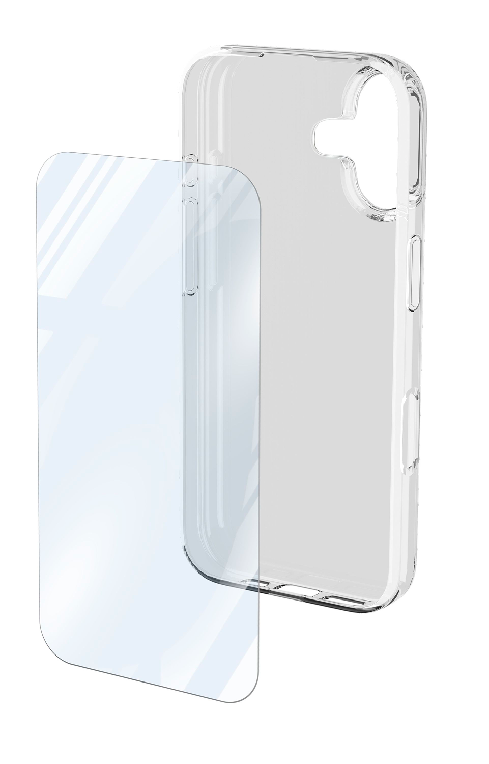 Funda transparente para teléfono y protector de pantalla. La funda es transparente, el protector tiene un ligero tinte azul. Ambos sobre fondo blanco.