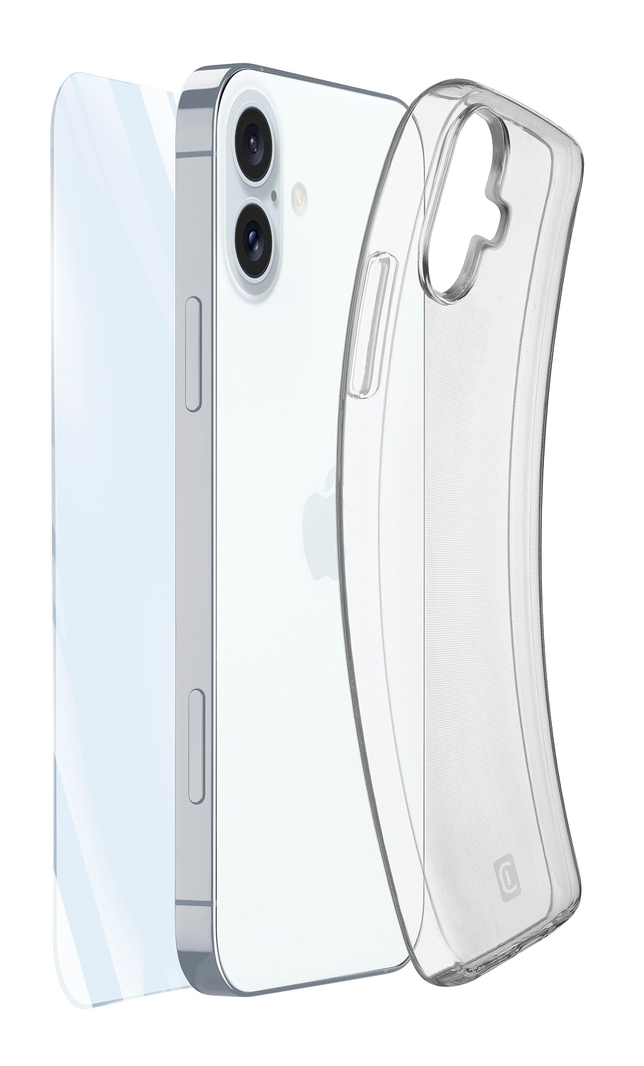 Un iPhone blanco con una funda transparente y protector de pantalla. La funda está parcialmente fuera del teléfono.