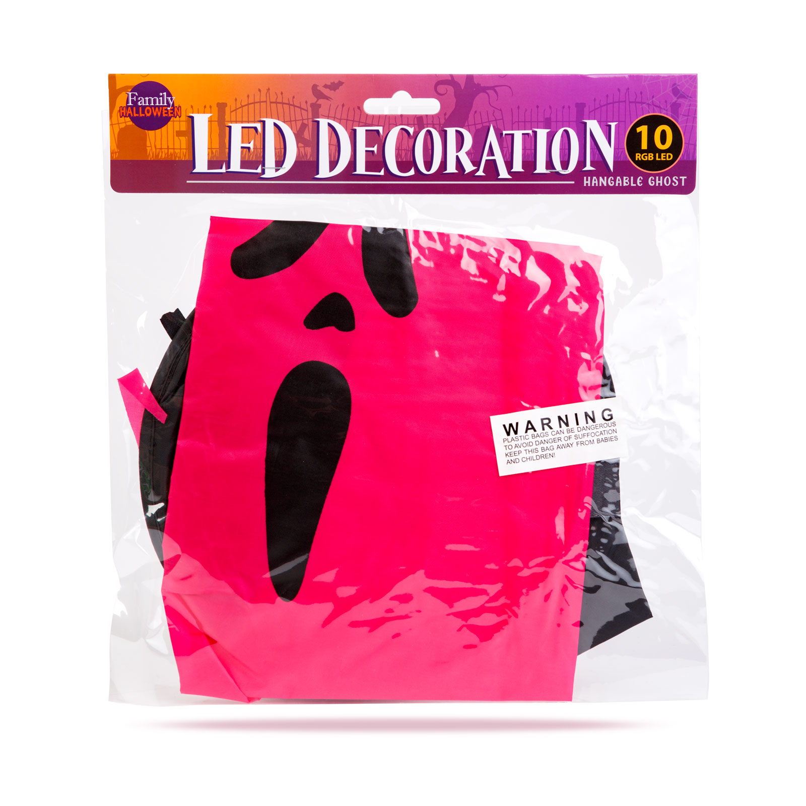 Egy Halloween dekoráció egy zacskóban. Egy rózsaszín maszk van rajta, fekete szem- és szájnyílásokkal. A csomagolás átlátszó.