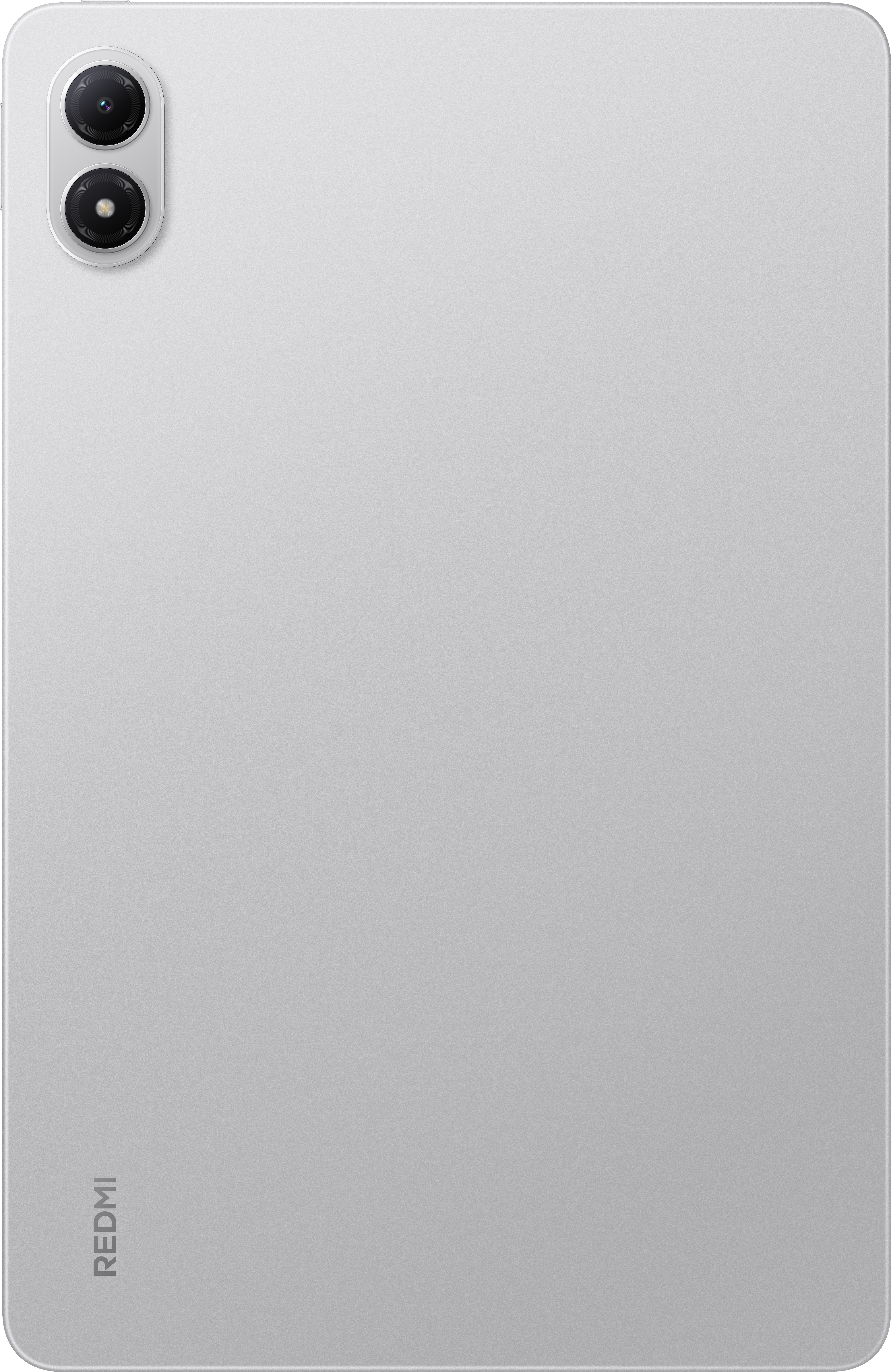 Tył srebrnego tabletu z dwoma obiektywami aparatu. Marka REDMI jest wydrukowana pionowo po lewej stronie.
