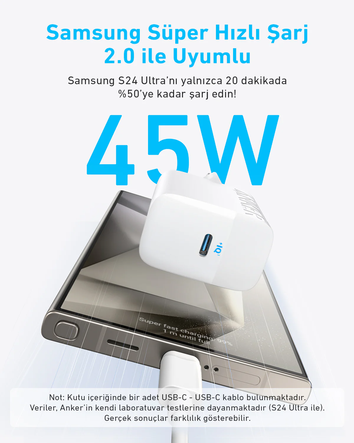 45W etiketli beyaz bir şarj cihazı, USB-C kablosuyla bir telefonu şarj ediyor. Metin: Samsung hızlı şarj, S24 Ultra ile uyumlu.