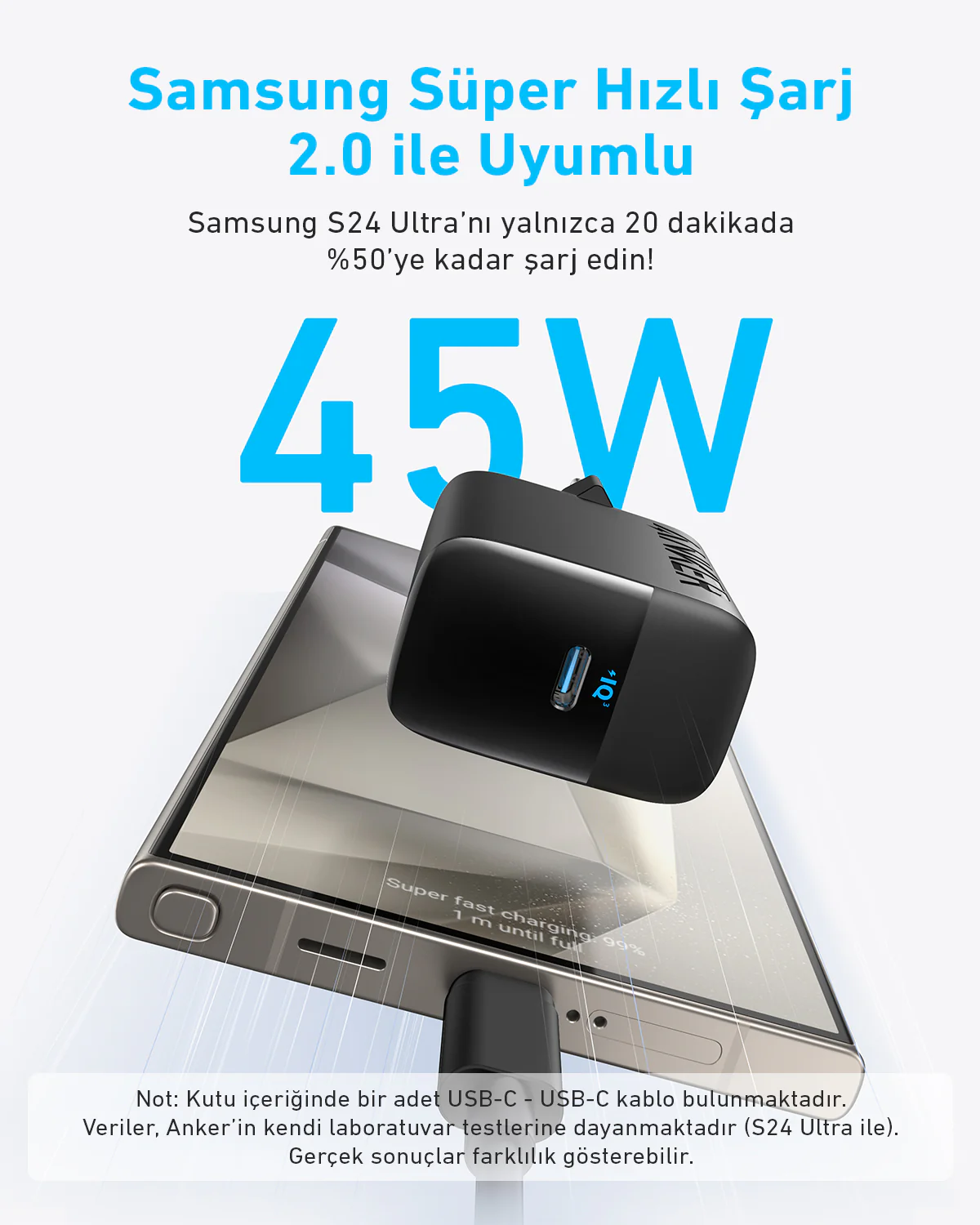 Görselde telefon ve mavi ışıklı siyah bir şarj aleti var. Metinde Samsung S24 Ultra için hızlı şarj olduğu belirtiliyor.