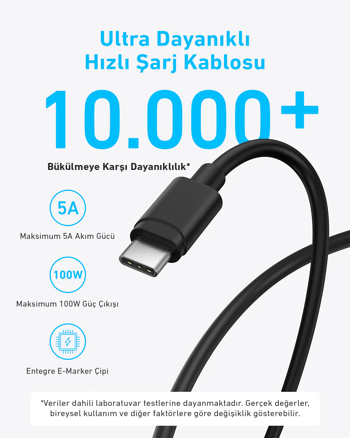 Görüntüde USB-C konnektörlü siyah bir şarj kablosu var. Metin, dayanıklılığı, 10.000+ bükülmeyi, 5A gücü ve 100W çıkışı vurgular.