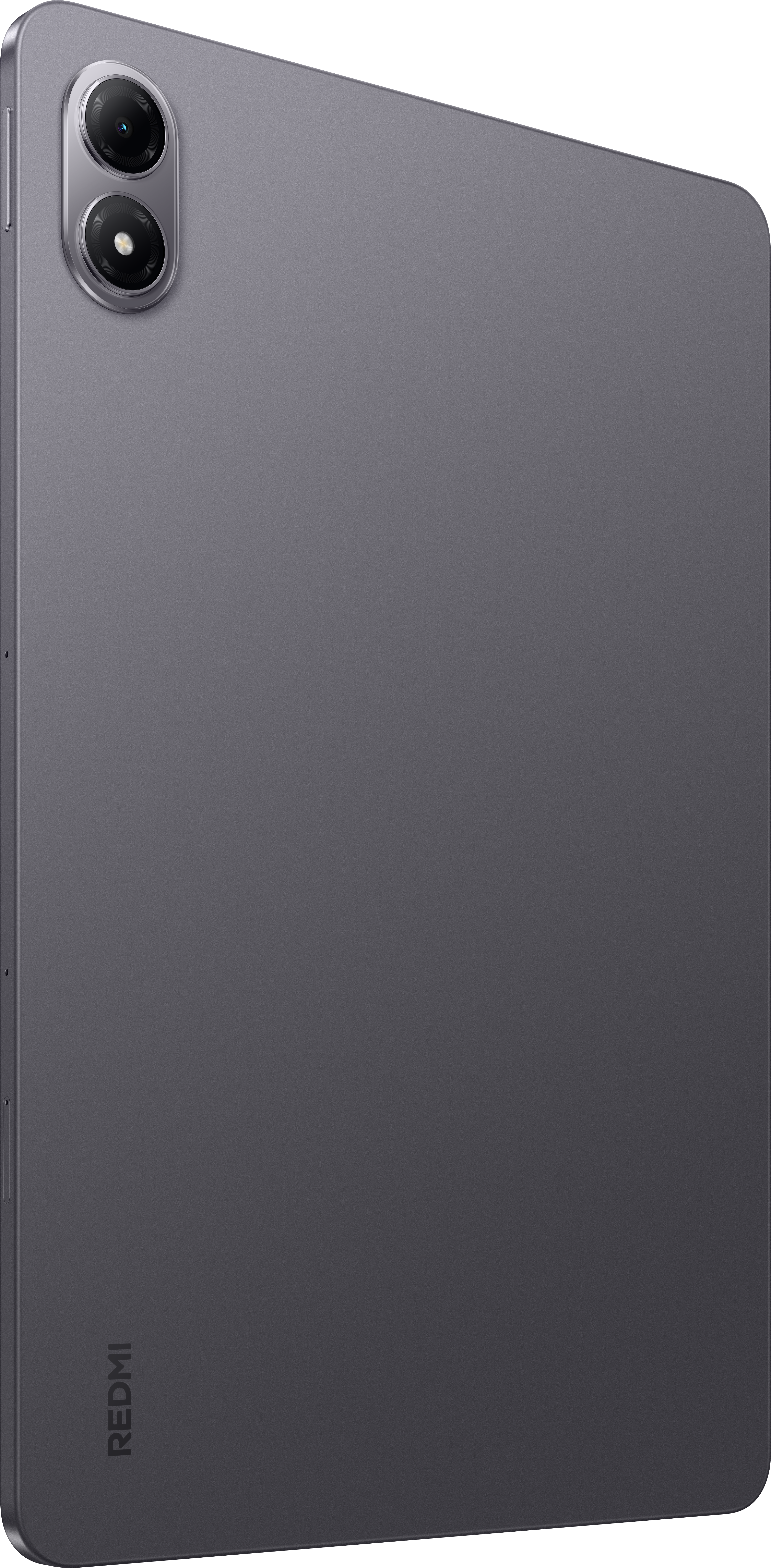 Szary tablet z dwoma aparatami. Widoczne logo Redmi. Tablet ma zaokrąglone rogi i gładką powierzchnię.