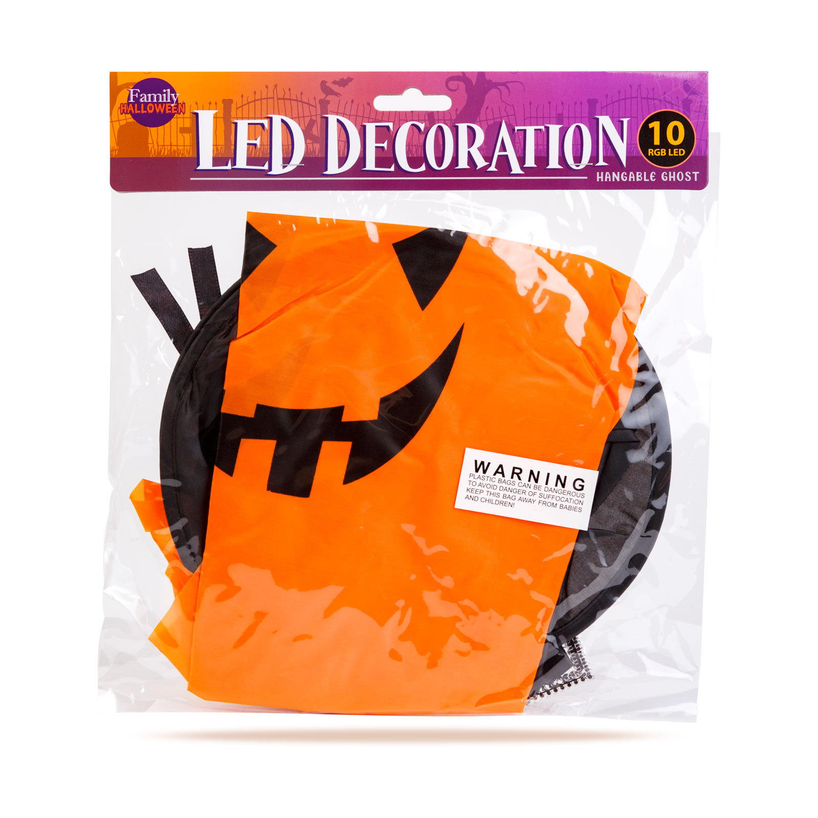 Egy Halloween dekoráció egy zacskóban. Egy narancssárga tök arc fekete díszítéssel. A csomagoláson a "LED Decoration" felirat látható.