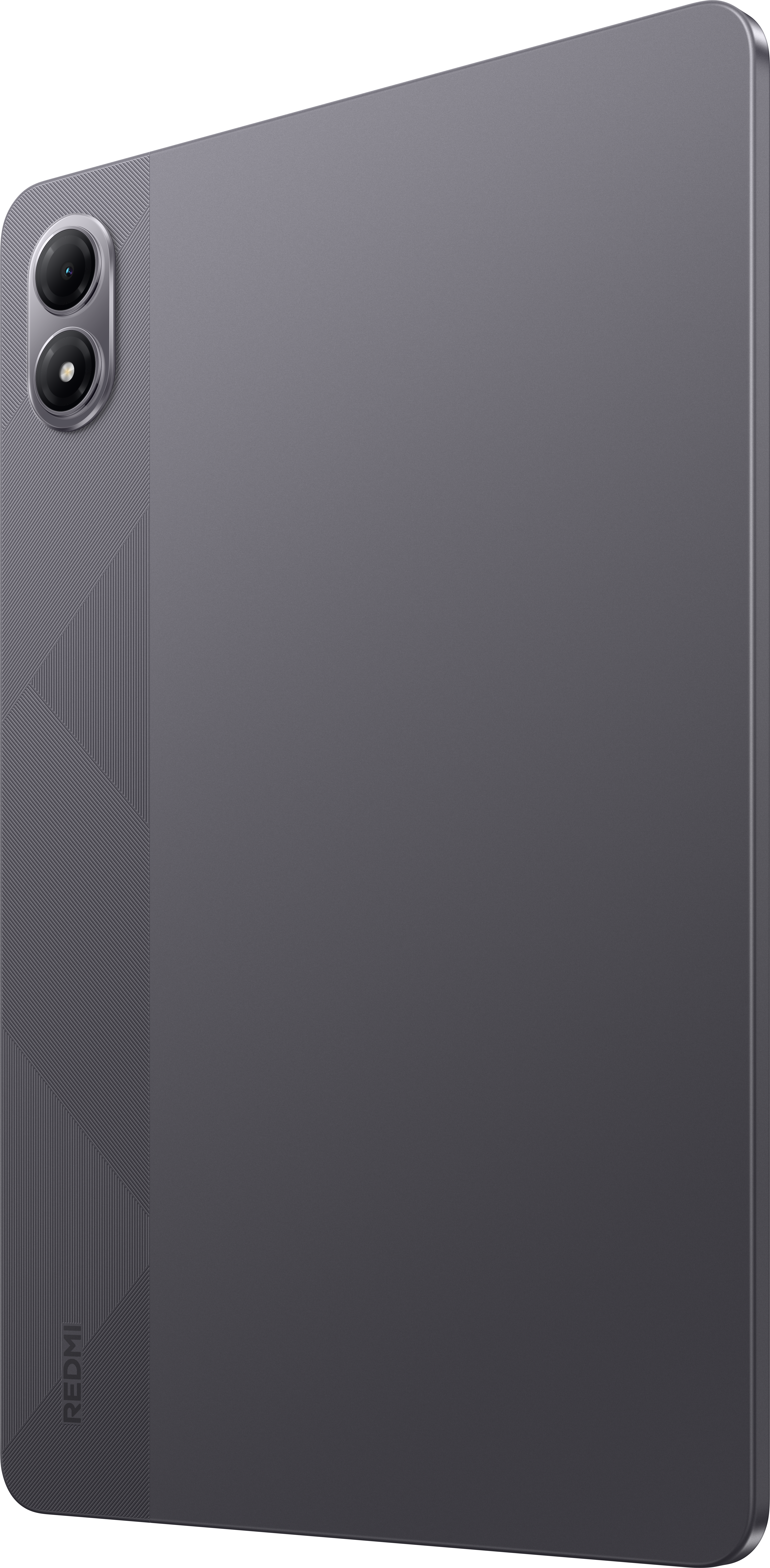 Szary tablet, lekko pochylony, z dwoma aparatami w lewym górnym rogu. Teksturowany tył z logo Redmi. Zaokrąglone rogi.
