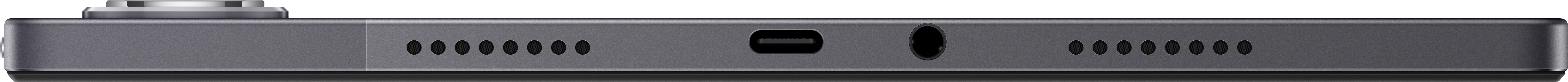 Zbliżenie krawędzi tabletu, pokazujące porty, otwory głośnikowe i szary przycisk zasilania.