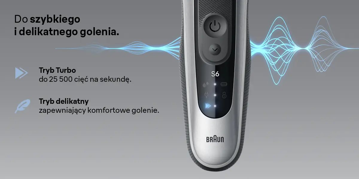 Elektryczna golarka z logo Braun. Posiada przyciski, światła i elegancki design. Polski tekst wspomina tryby turbo i delikatny.
