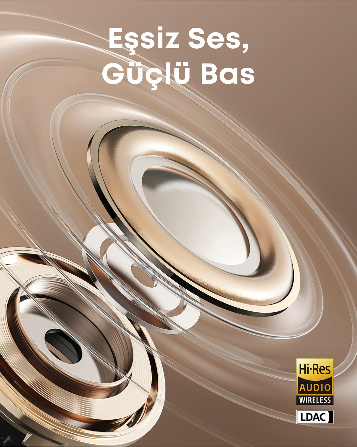Altın ve gümüş detaylara sahip hoparlör bileşenlerinin yakın çekimi. Metin: 'Eşsiz Ses, Güçlü Bas' ve Hi-Res Audio Wireless LDAC logosu.