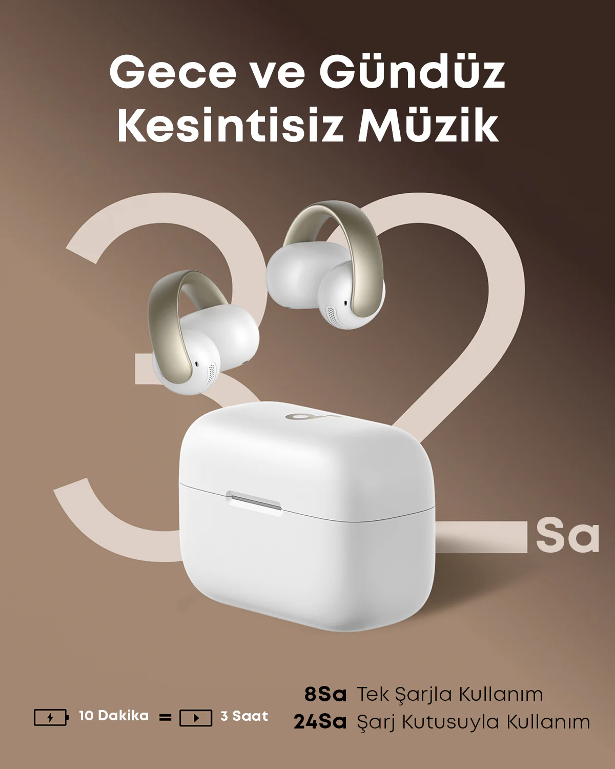 Beyaz kulaklıklar ve şarj kutusu. Metin: 'Gece ve Gündüz Kesintisiz Müzik'. İstatistikler: 10 dk şarj = 3 saat kullanım, tek şarjla 8 saat.