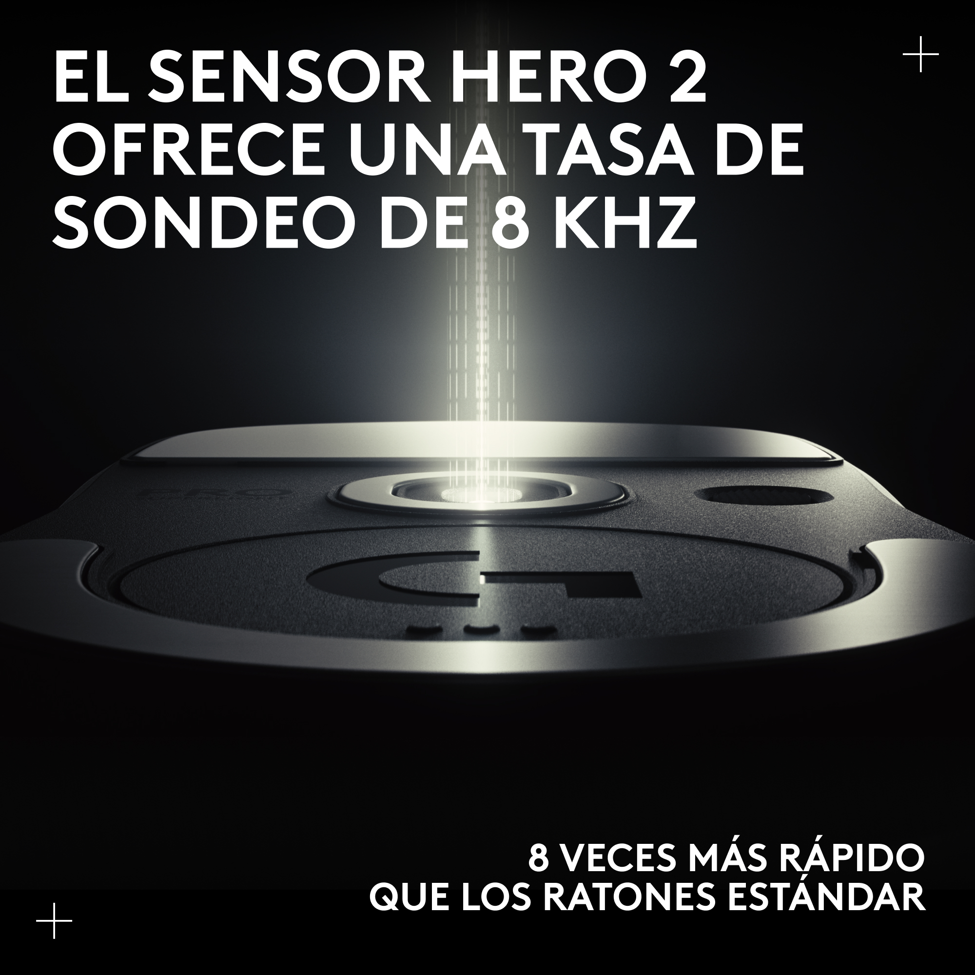 La imagen muestra un dispositivo con el texto: 'EL SENSOR HERO 2 OFRECE UNA TASA DE SONDEO DE 8 KHZ'. Dice '8 veces más rápido' que los ratones estándar.