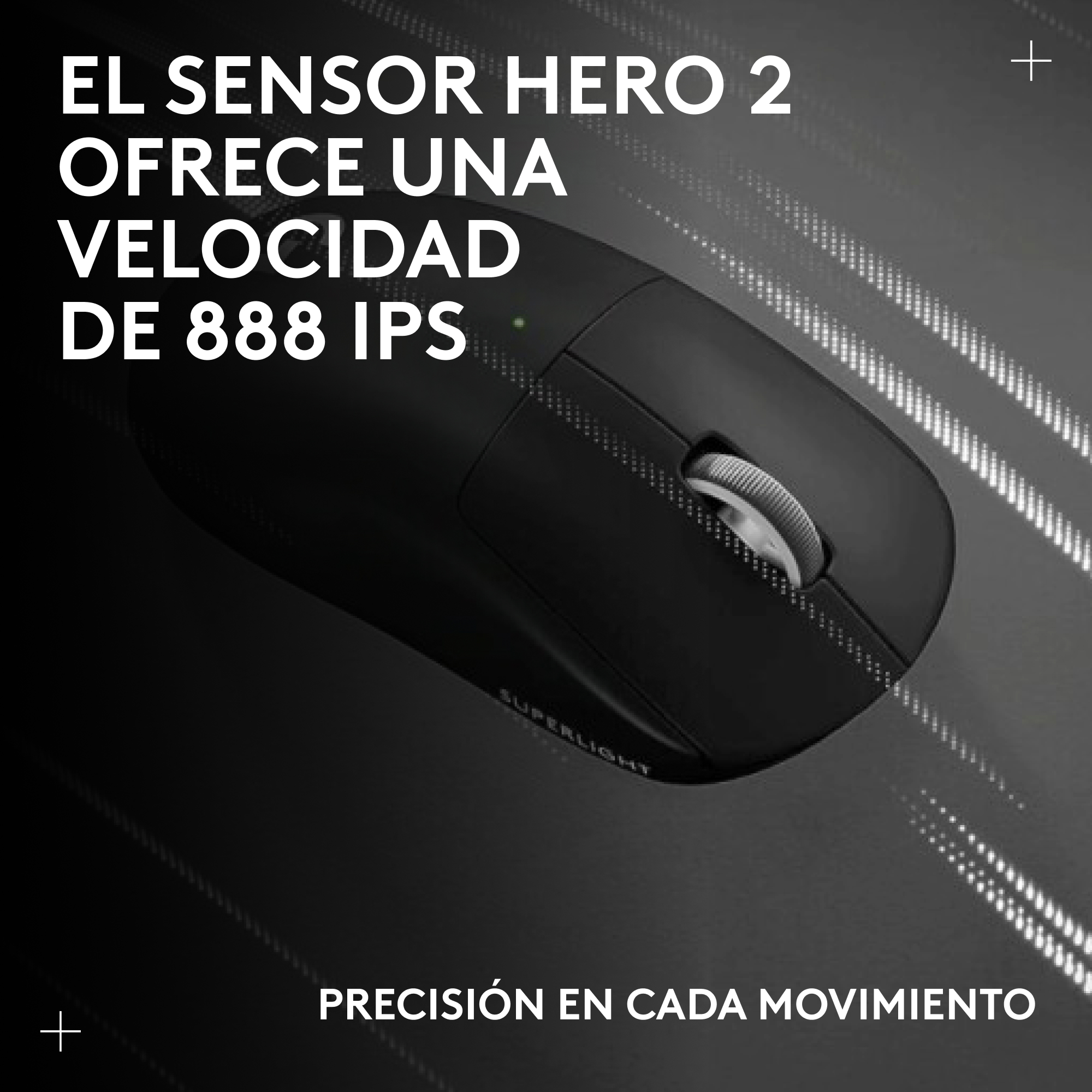 Ratón negro con rueda de desplazamiento. Texto: 'EL SENSOR HERO 2' y 'PRECISIÓN EN CADA MOVIMIENTO'.