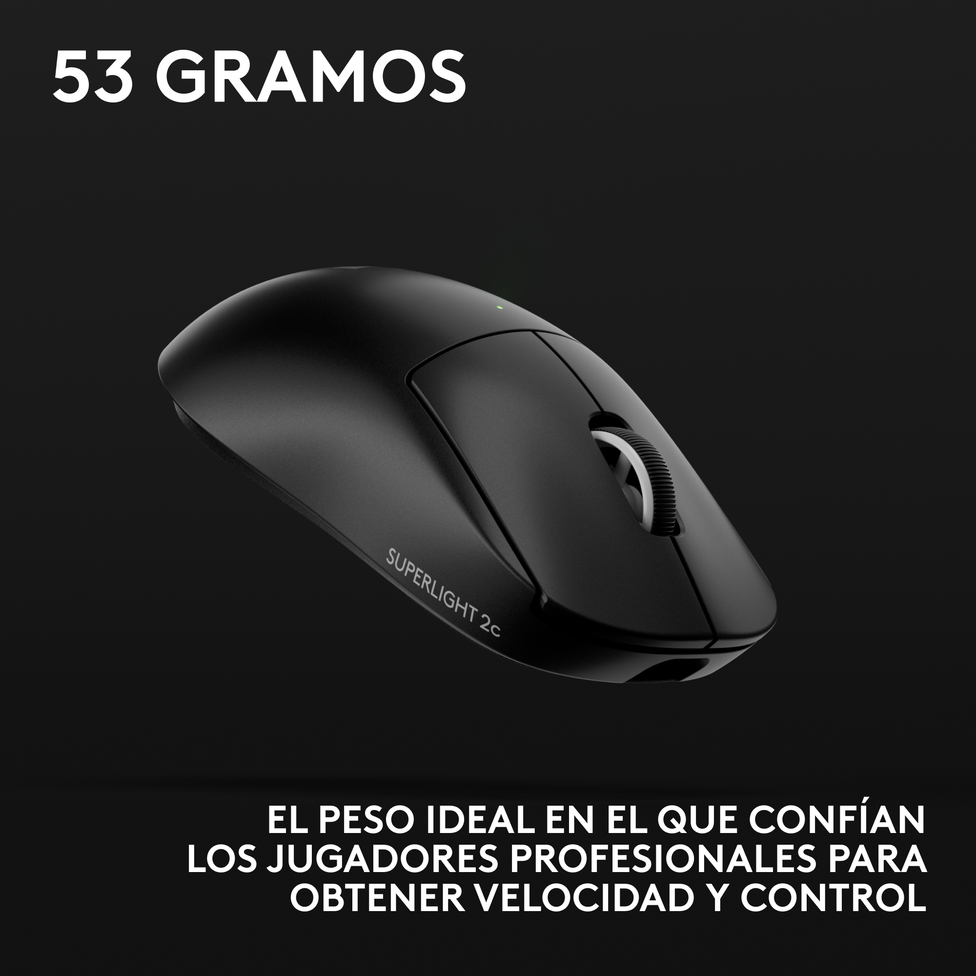 Un ratón negro con el texto 'SUPERLIGHT 2c'. El texto '53 GRAMOS' está arriba. Texto español abajo lo describe.