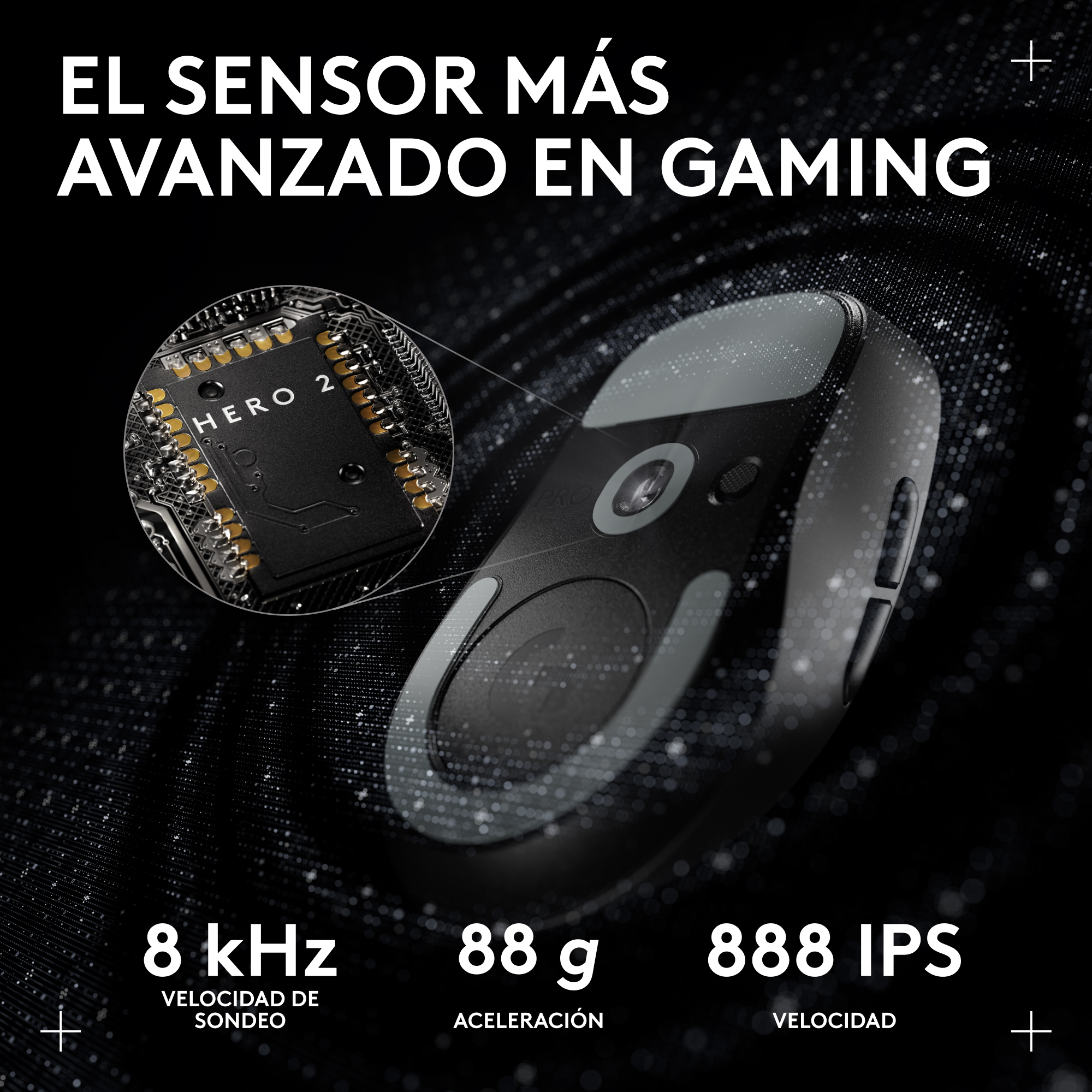 Imagen de un ratón gaming con sensor HERO 2. Especificaciones: 8 kHz de frecuencia de sondeo, 88g de aceleración y 888 IPS de velocidad.