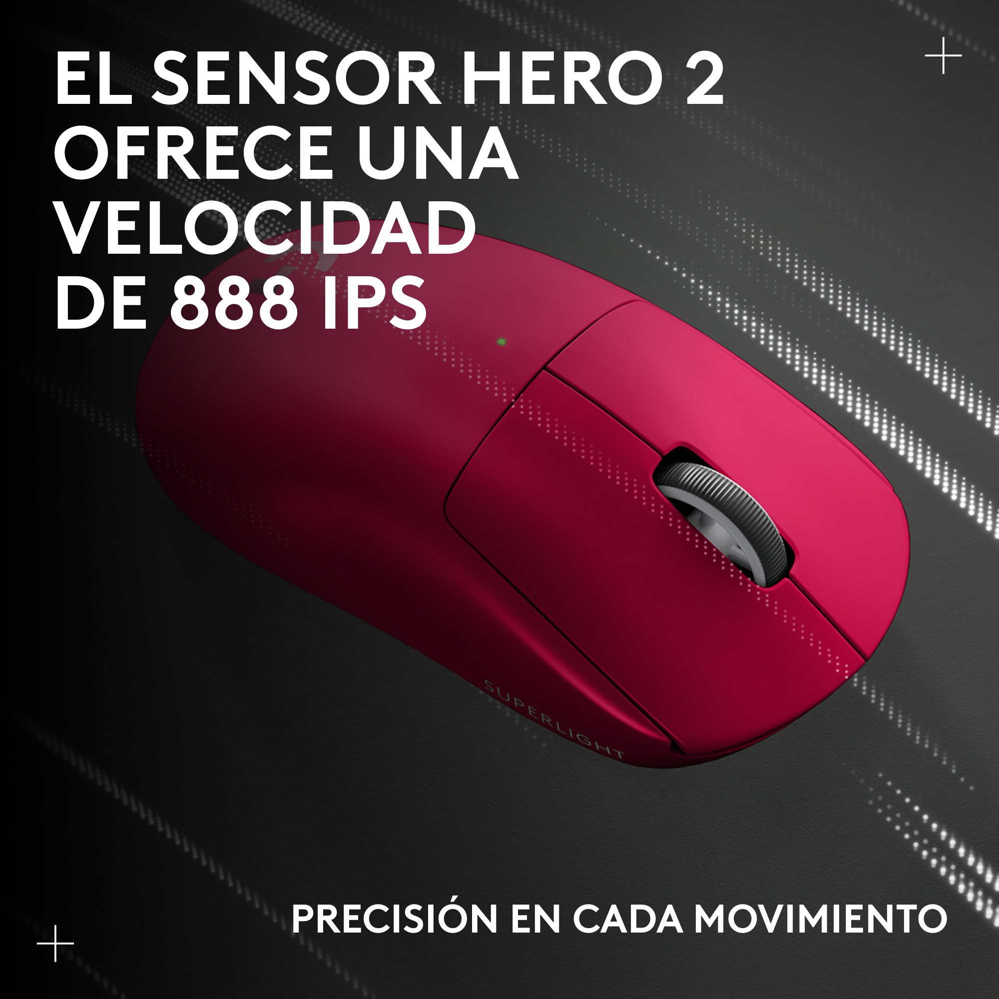 Un ratón inalámbrico rojo con rueda de desplazamiento. Texto: 'EL SENSOR HERO 2 OFRECE UNA VELOCIDAD DE 888 IPS' y 'PRECISIÓN EN CADA MOVIMIENTO'.