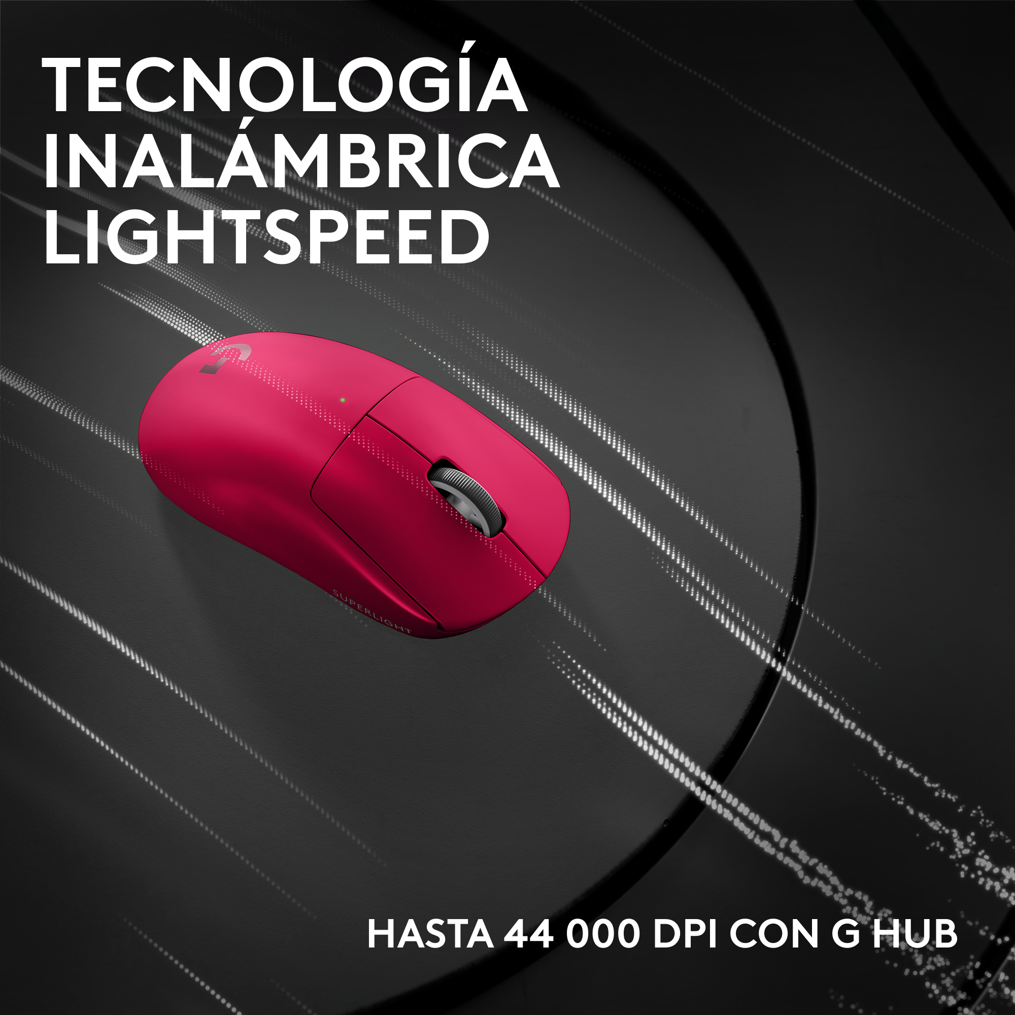 Un ratón gaming inalámbrico rosa sobre una superficie oscura. Texto: 'Tecnología Inalámbrica Lightspeed' y 'Hasta 44 000 DPI con G HUB'.