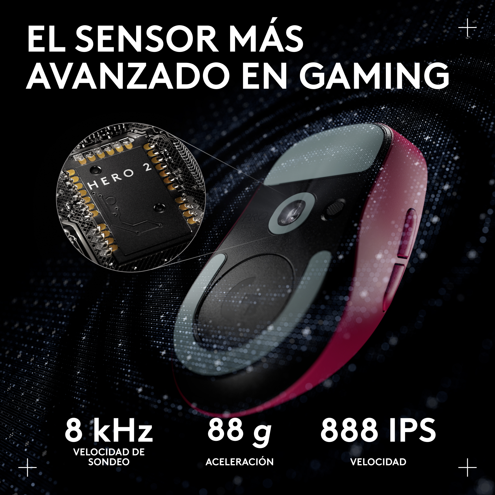 Un ratón gaming con diseño rojo y negro. La imagen destaca su sensor avanzado y especificaciones como 8 kHz y 888 IPS.