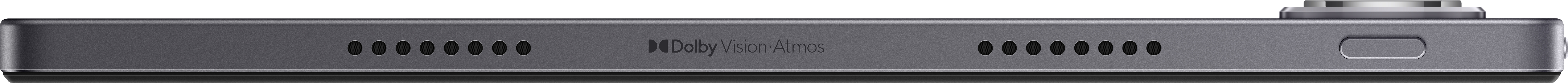 Zbliżenie boku szarego urządzenia. Zawiera otwory głośnikowe, port USB i markę Dolby Vision Atmos.